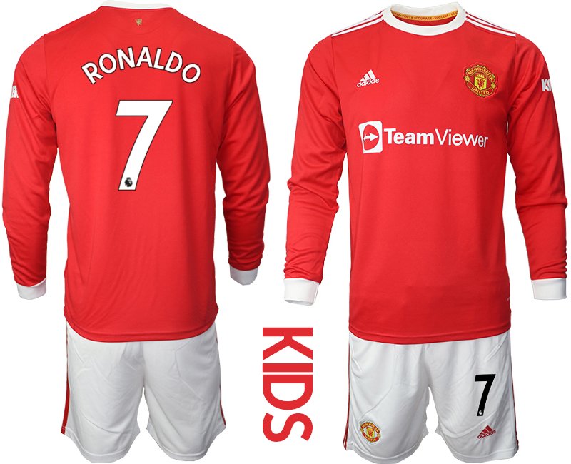 Kinder Manchester United Cup Authentic Heimtrikot 2021-22 Langarm mit Aufdruck Ronaldo 7