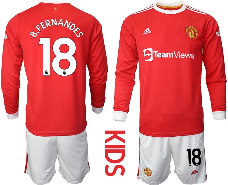 Kinder Manchester United Heimtrikot 2021-22 Langarm in rot mit Aufdruck B.Fernandes 18