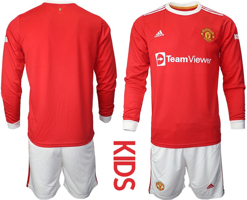 Manchester United Heimtrikot 2021-22 Lange Ärmel Trikotsatz für Kinder