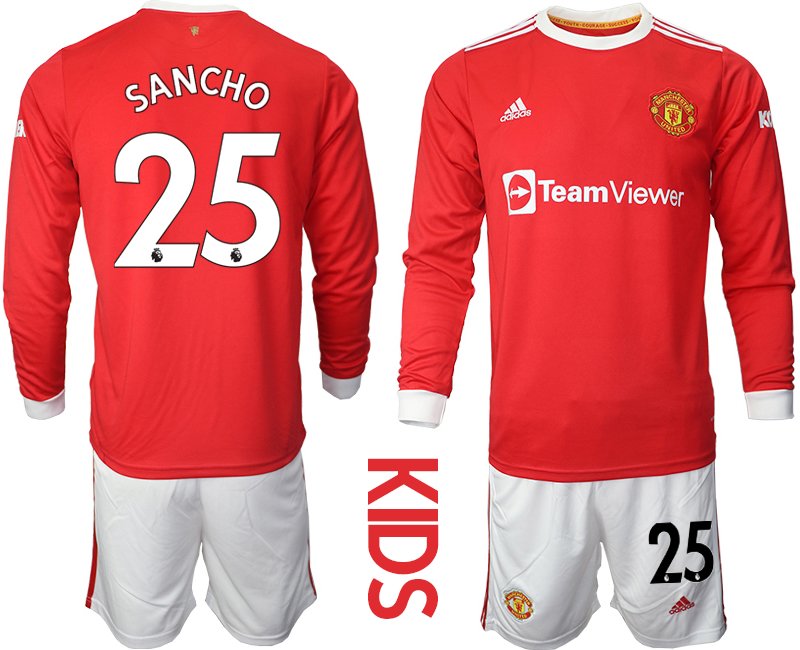 Manchester United Heimtrikot 2021-22 Trikotsatz Langarm in rot für Kinder mit Aufdruck Sancho 25