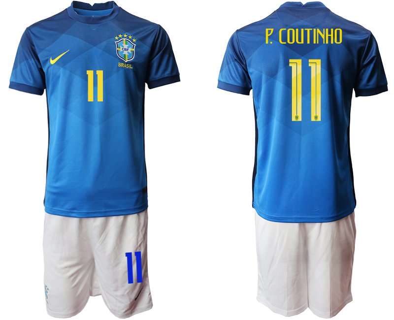 Fussball Trikotsatz Brasilien 2020-2021 Blau Auswärtstrikot Kurzarm P.Coutinho 11