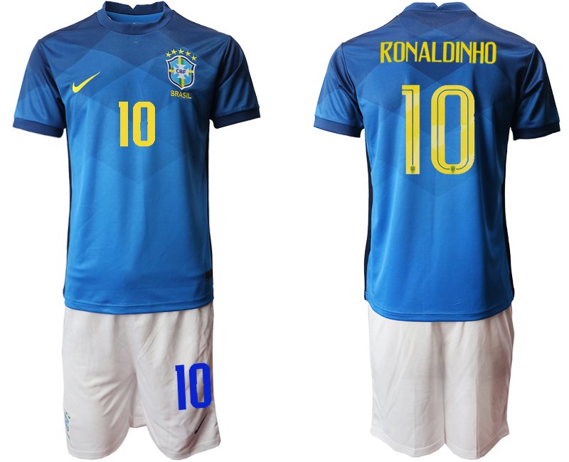 Fussball Trikotsatz Brasilien 2020-2021 Blau Auswärtstrikot Kurzarm Ronaldinho 10