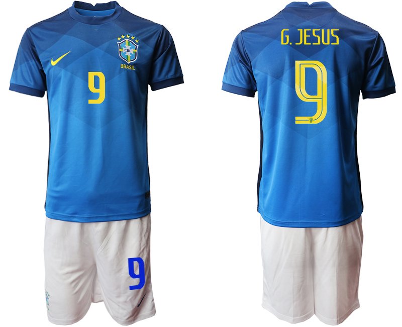 Fussball Trikotsatz Brasilien 2020/21 Auswärtstrikot Kurzarm Blau mit Aufdruck G.Jesus 9