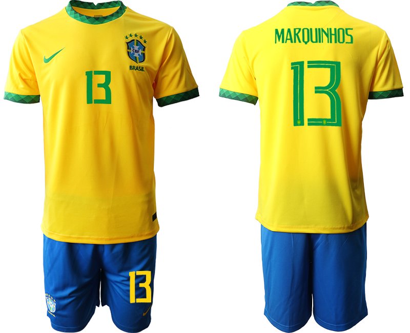 Herren Fußballtrikots Brasilien Heimtrikot 2020/21 in gelb mit Aufdruck Marquinhos 13
