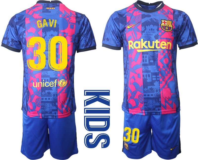 Kinder Ausweichtrikot Blaue T-Shirt Barcelona 2021/22 Drittes Trikot mit Aufdruck Gavi 30