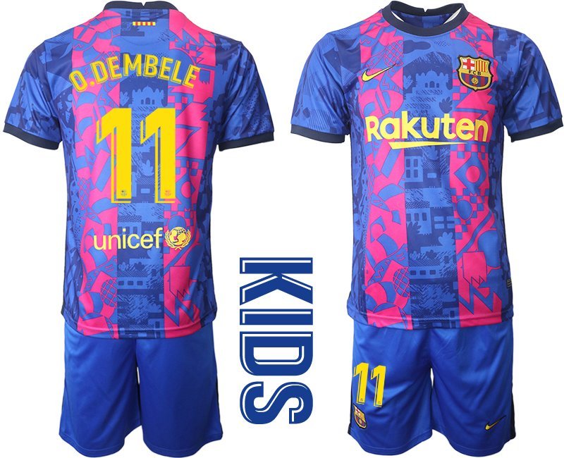 Kinder Ausweichtrikot Blaue T-Shirt Barcelona 2021/22 Drittes Trikot mit Aufdruck O.Dembele 11