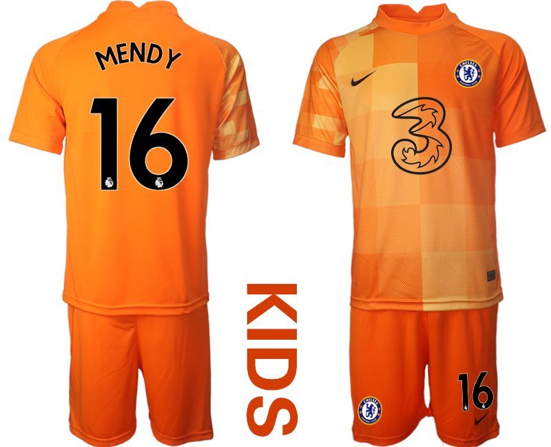 Kinder Chelsea Torwarttrikot in orange mit Aufdruck Mendy 16