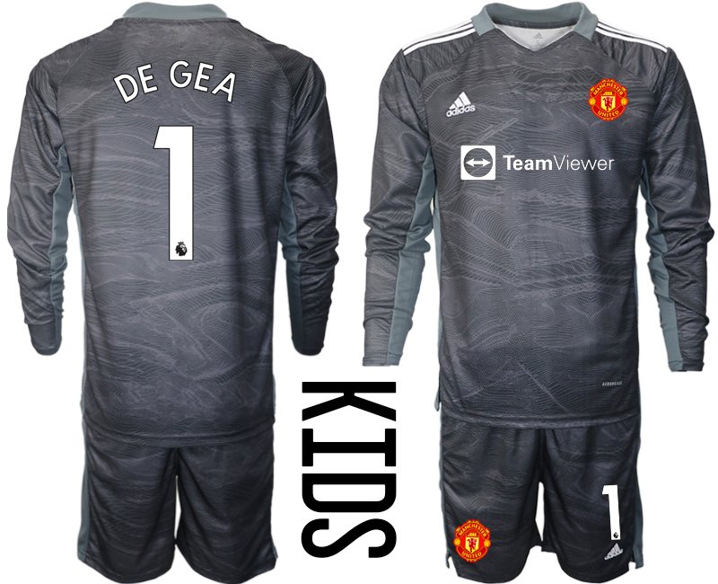 Kinder Manchester United 2021/2022 Auswärts Torwart Trikotsatz Langarm schwarz DE GEA 1