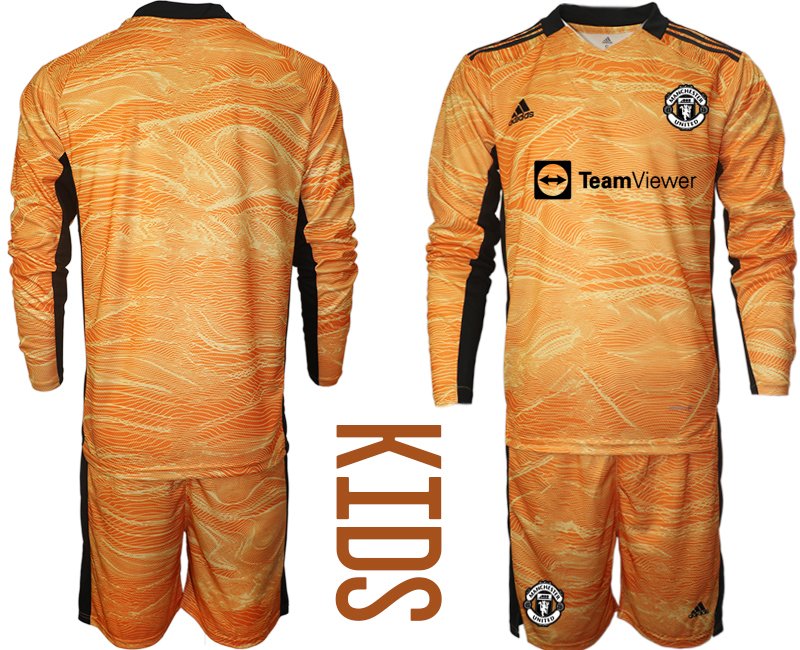 Kinder Manchester United 2021-22 Torwart Heim Trikotsatz Orange Langarm (+ Kurze Hosen)