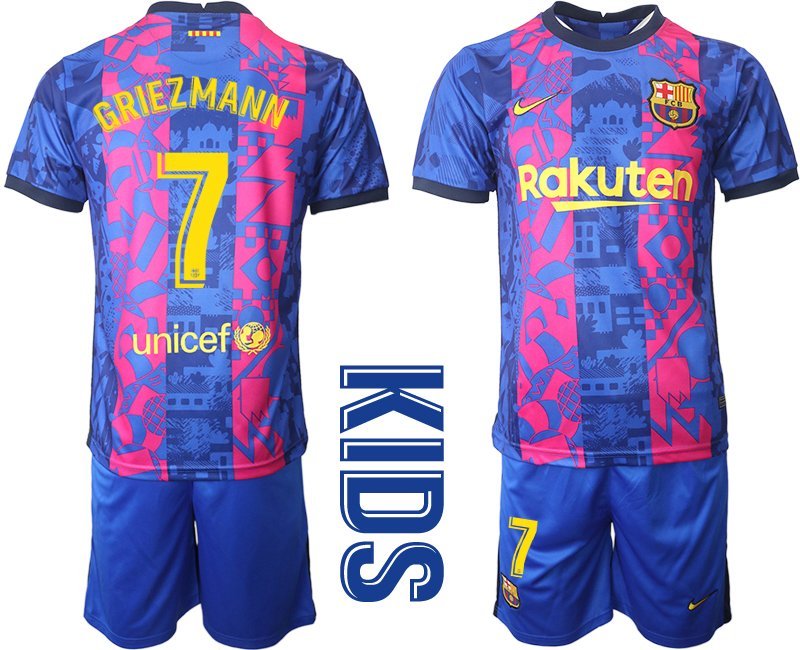 Kinder T-Shirt Barcelona 2021/22 Ausweichtrikot Blaue mit Aufdruck Griezmann 7