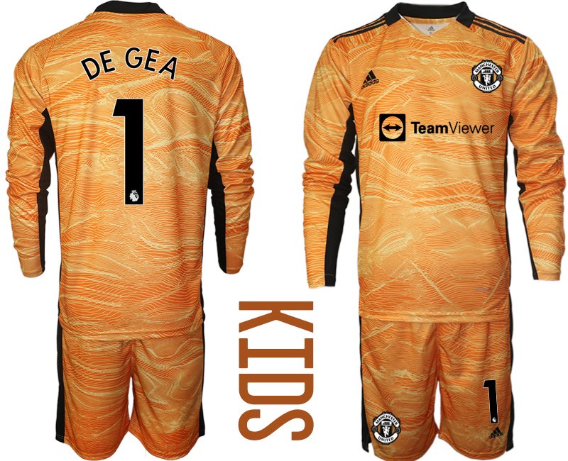 Kindertrikot Manchester United 2021-22 Torwart Heim Trikotsatz Orange Langarm mit Aufdruck DE GEA 1