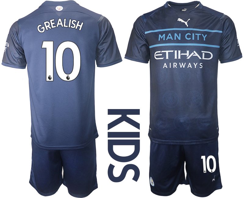 Manchester City Ausweichtrikot 2021/22 Dunkelblau Trikotsatz für Kinder mit Aufdruck GREALISH 10