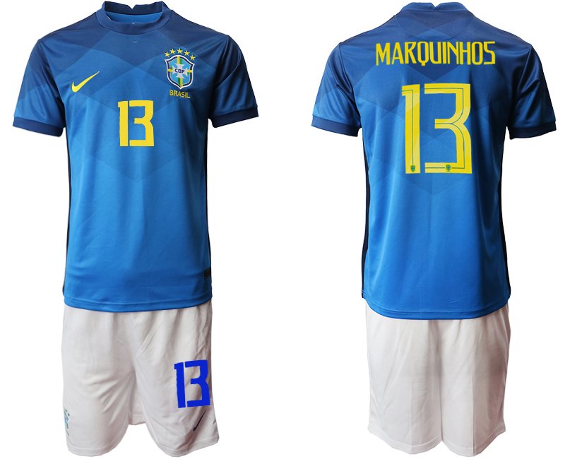Marquinhos 13 Brasilien 2020-2021 Blau Auswärts Trikot und Shorts