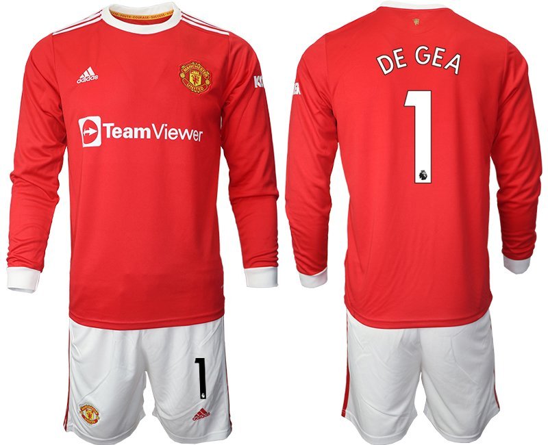 DE GEA 1 Manchester United 2021-22 rot Langarm Heimtrikot + Kurze Hosen Herren