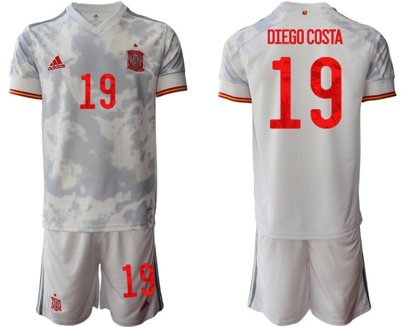 Diego Costa 19 Spanien Auswärtstrikot EM 2021 Weiss Kurzarm + Kurze Hosen