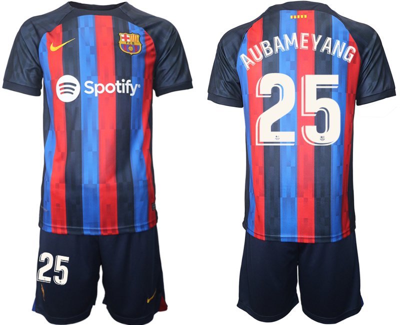 FC Barcelona 2022-23 Heimtrikot dunkles Blau Trikotsatz Kurzarm mit Aufdruck Aubameyang 25