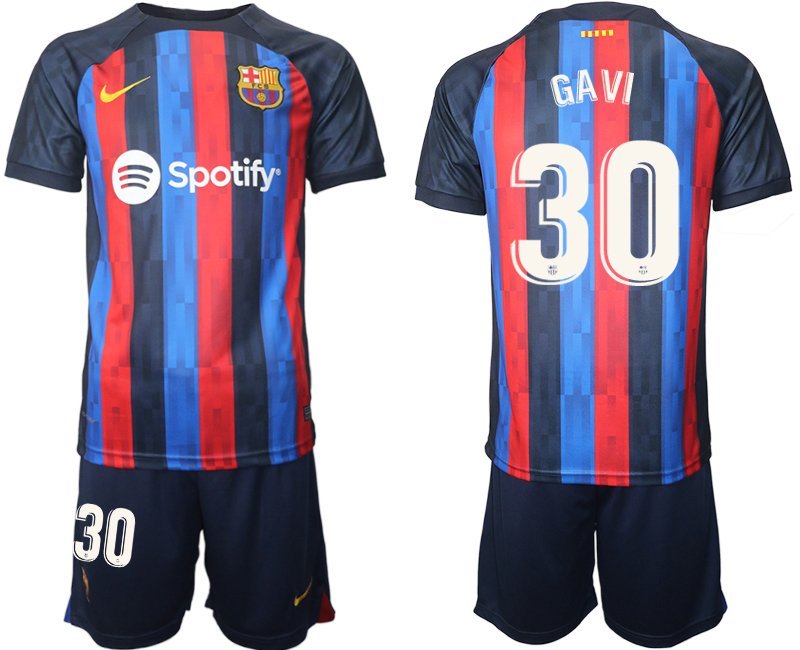 FC Barcelona 2022-23 Heimtrikot dunkles Blau Trikotsatz Kurzarm mit Aufdruck Gavi 30