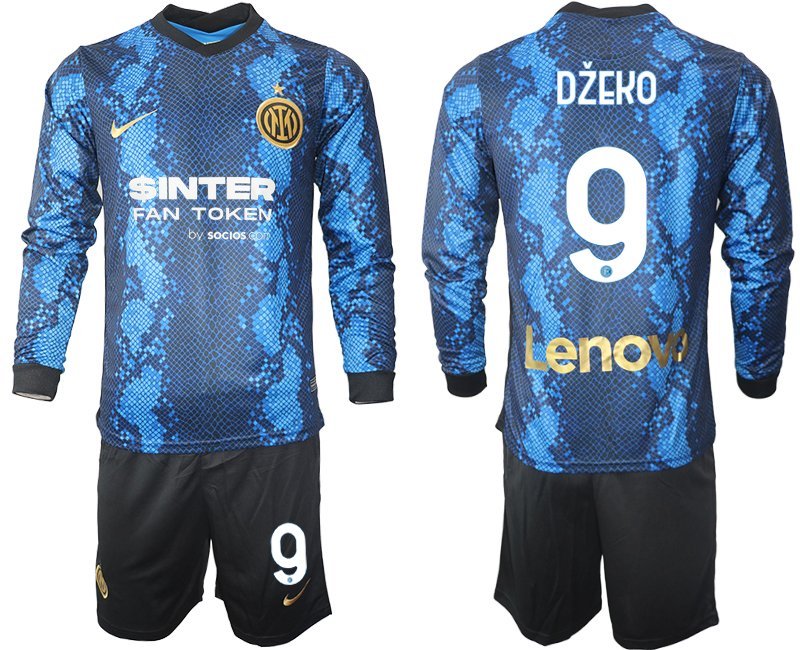 Günstige Fußballtrikots Inter Milan 2021-22 Heimtrikot blau Langarm + Kurze Hosen Džeko 9