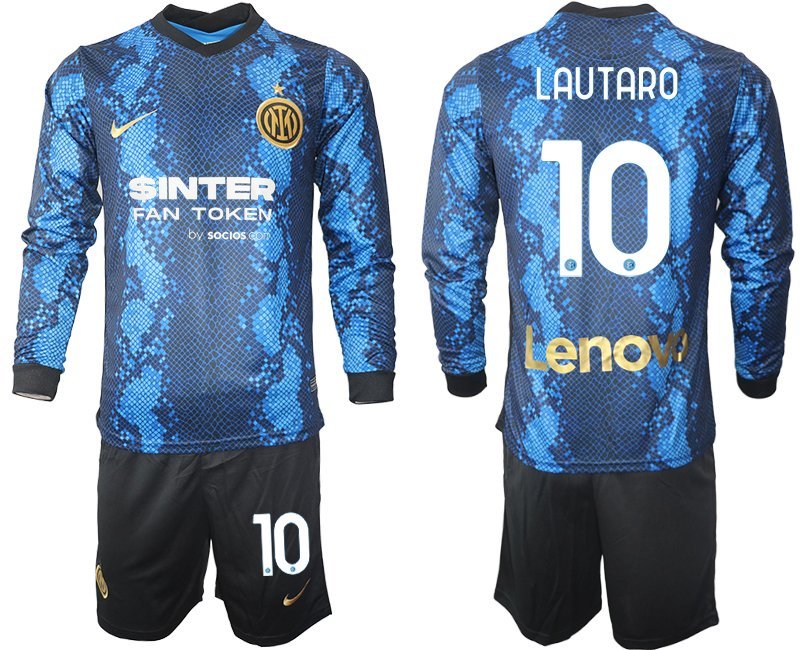 Günstige Fußballtrikots Inter Milan 2021-22 Heimtrikot blau Langarm + Kurze Hosen Lautaro 10