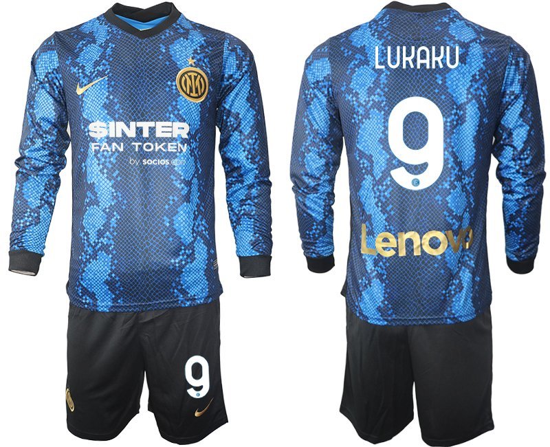 Günstige Fußballtrikots Inter Milan 2021-22 Heimtrikot blau Langarm + Kurze Hosen Lukaku 9