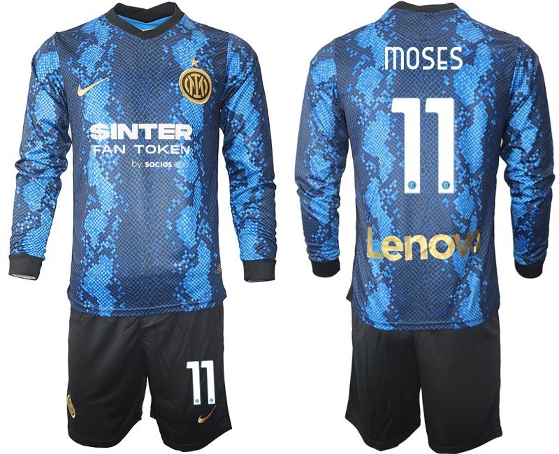 Günstige Fußballtrikots Inter Milan 2021-22 Heimtrikot blau Langarm + Kurze Hosen Moses 11