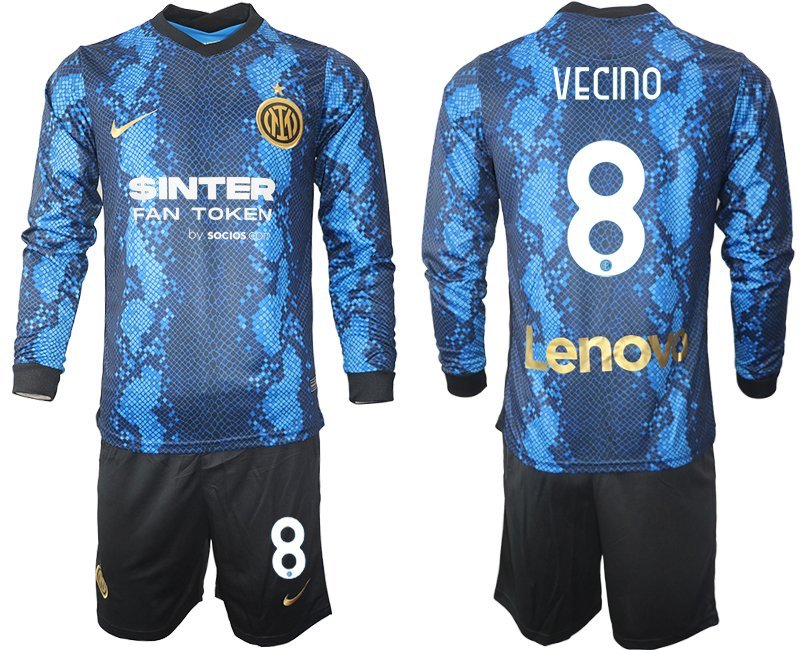 Günstige Fußballtrikots Inter Milan 2021-22 Heimtrikot blau Langarm + Kurze Hosen Vecino 8