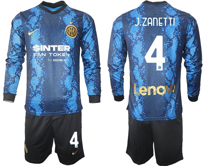 Inter Milan 2021-22 Heimtrikot blau Langarm + schwarz Kurze Hosen J.Zanetti 4