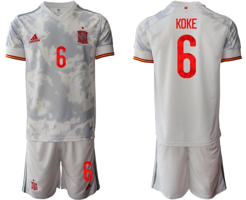 KOKE 6 Spanien Trikot Away EM 2020/21 Weiss Kurzarm + Kurze Hosen