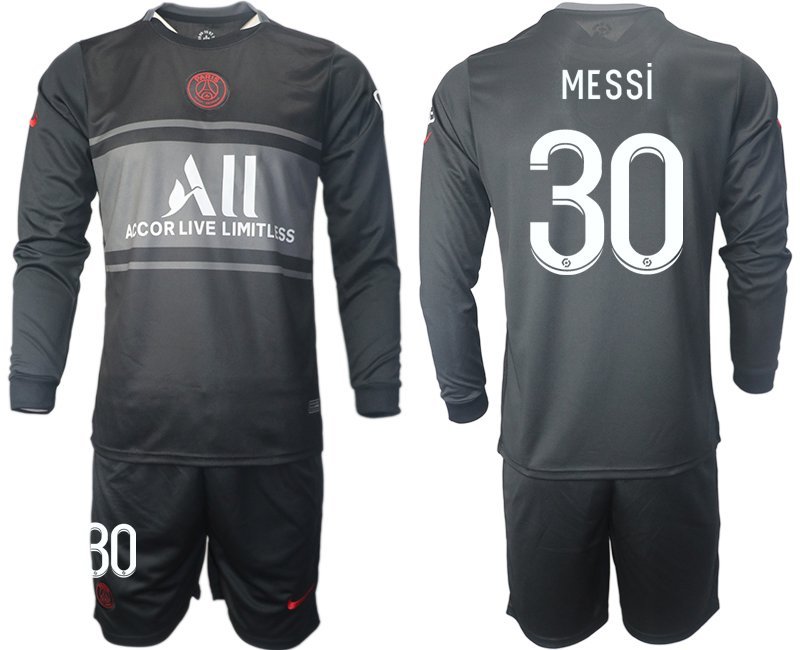 Paris Saint-Germain Ausweichtrikot 2021-22 schwarz Langarm + Kurze Hosen mit Aufdruck MESSI 30