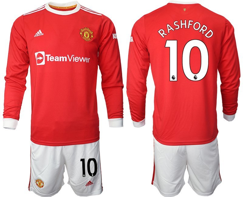 Rashford 10 Manchester United 2021-22 rot Langarm Heimtrikot + Kurze Hosen Herren