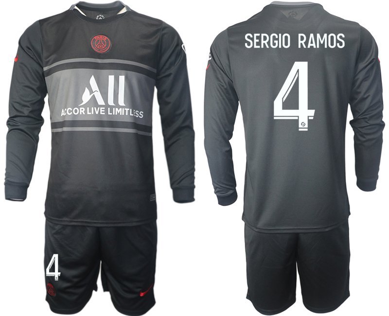 Sergio Ramos 4 Paris Saint-Germain Drittes Trikot 2021-22 PSG schwarz Trikotsatz Langarm + Kurze Hosen