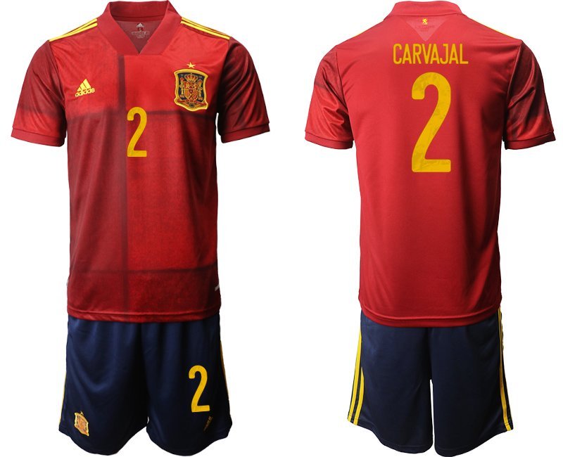 Spanien EM 2020 Heimtrikot Rot und Gelb Kurzarm + Marineblau Kurze Hosen Carvajal 2