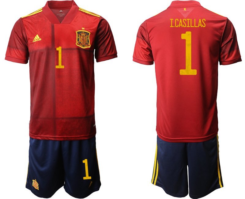 Spanien EM 2020 Heimtrikot Rot und Gelb Kurzarm + Marineblau Kurze Hosen I.Casillas 1