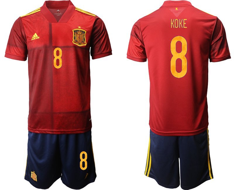 Spanien EM 2020 Heimtrikot Rot und Gelb Kurzarm + Marineblau Kurze Hosen KOKE 8