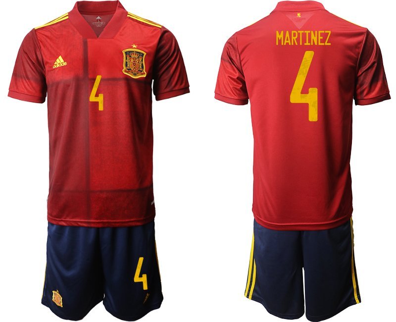 Spanien EM 2020 Heimtrikot Rot und Gelb Kurzarm + Marineblau Kurze Hosen Martinez 4