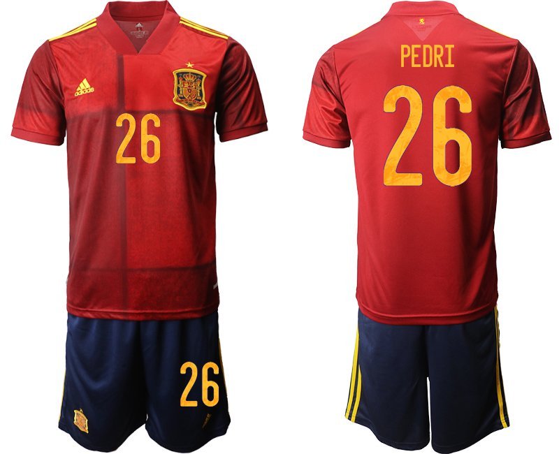 Spanien EM 2020 Heimtrikot Rot und Gelb Kurzarm + Marineblau Kurze Hosen PEDRI 26