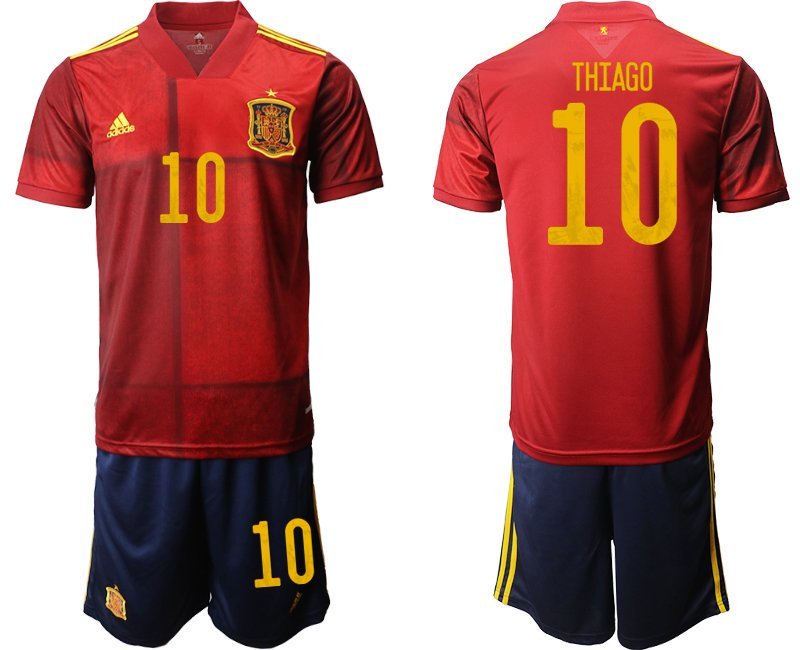 Spanien EM 2020 Heimtrikot Rot und Gelb Kurzarm + Marineblau Kurze Hosen Thiago 10