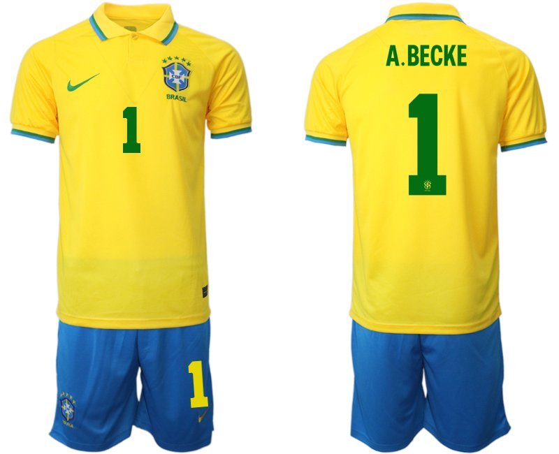 A.Becke 1 Brasilien Heimtrikot für die WM 2022 Gelb Trikotsatz Kurzarm + Kurze Hosen Blau
