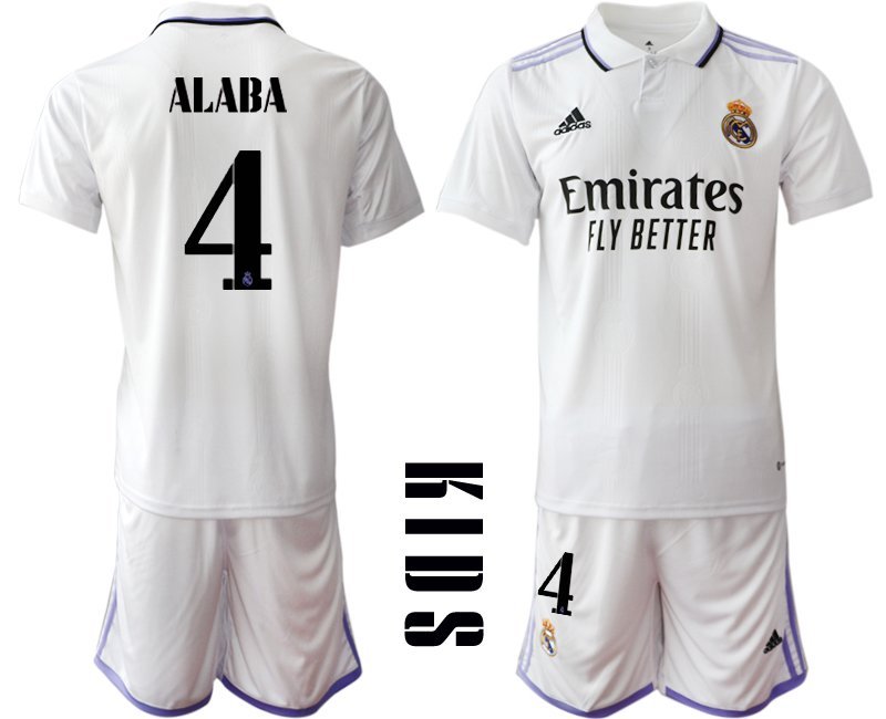 ALABA #4 Real Madrid 2022-2023 Kinderheim Trikot weiß Trikotsatz Kurzarm + Kurze Hosen