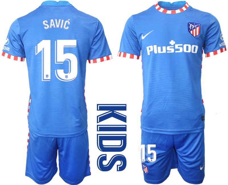 Atlético Madrid 2021-22 Ausweichtrikot blau weiß Trikotsatz Kurzarm + Kurze Hosen Savić 15