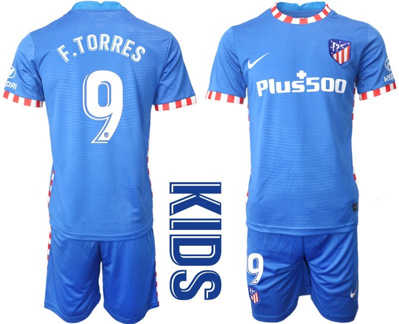 Atlético de Madrid Ausweichtrikot 2021-22 blau Kinder Trikotsatz mit Aufdruck F.Torres 9