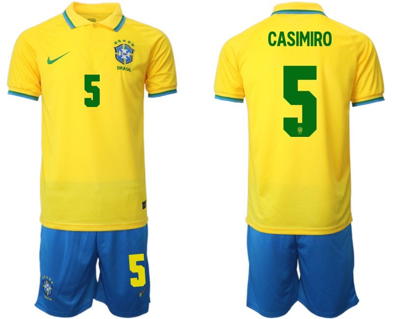 Brasilien Heimtrikot für die WM 2022 Gelb Trikotsatz Kurzarm + Kurze Hosen Blau Casimiro 5