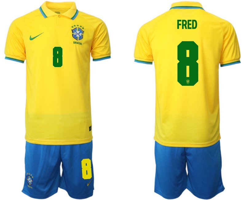 Brasilien Heimtrikot für die WM 2022 Gelb Trikotsatz Kurzarm + Kurze Hosen Blau Fred 8