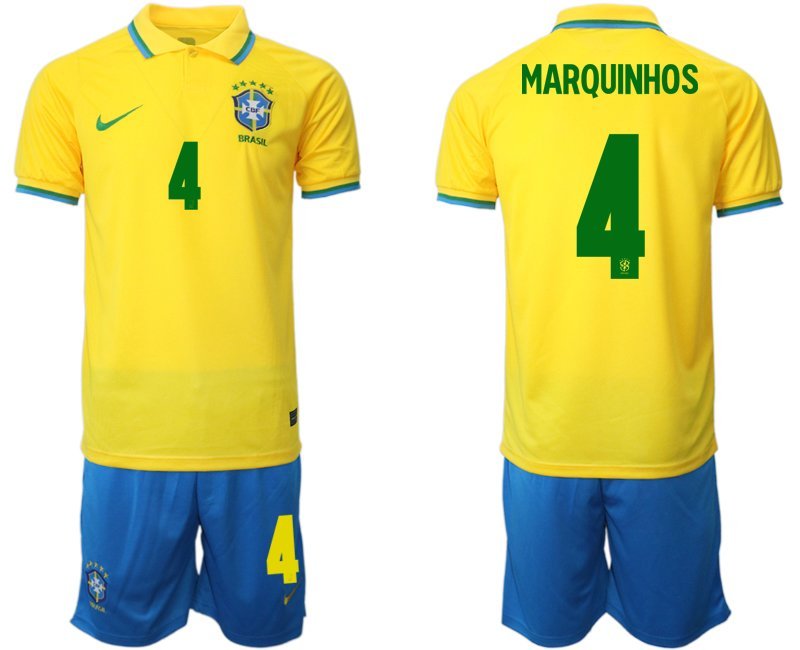 Brasilien Heimtrikot für die WM 2022 Gelb Trikotsatz Kurzarm + Kurze Hosen Blau Marquinhos 4