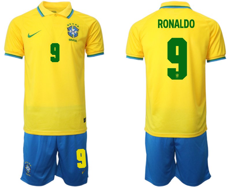 Brasilien Heimtrikot für die WM 2022 Gelb Trikotsatz Kurzarm + Kurze Hosen Blau Ronaldo 9
