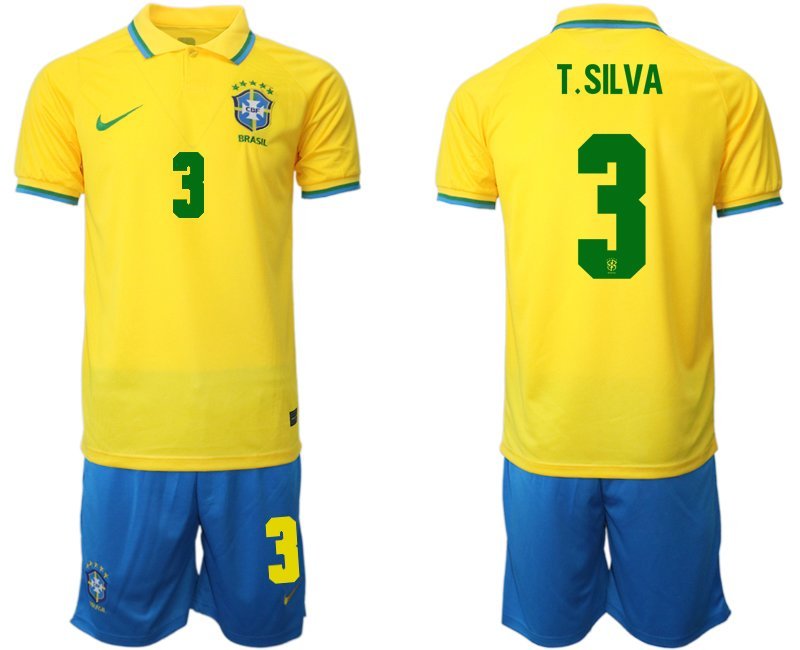 Brasilien Heimtrikot für die WM 2022 Gelb Trikotsatz Kurzarm + Kurze Hosen Blau T.Silva 3