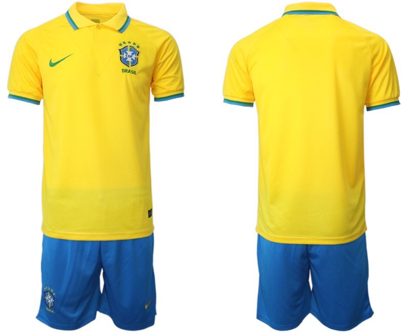 Brasilien Heimtrikots für die WM 2022 Gelb Trikotsatz Kurzarm + Kurze Hosen Blau