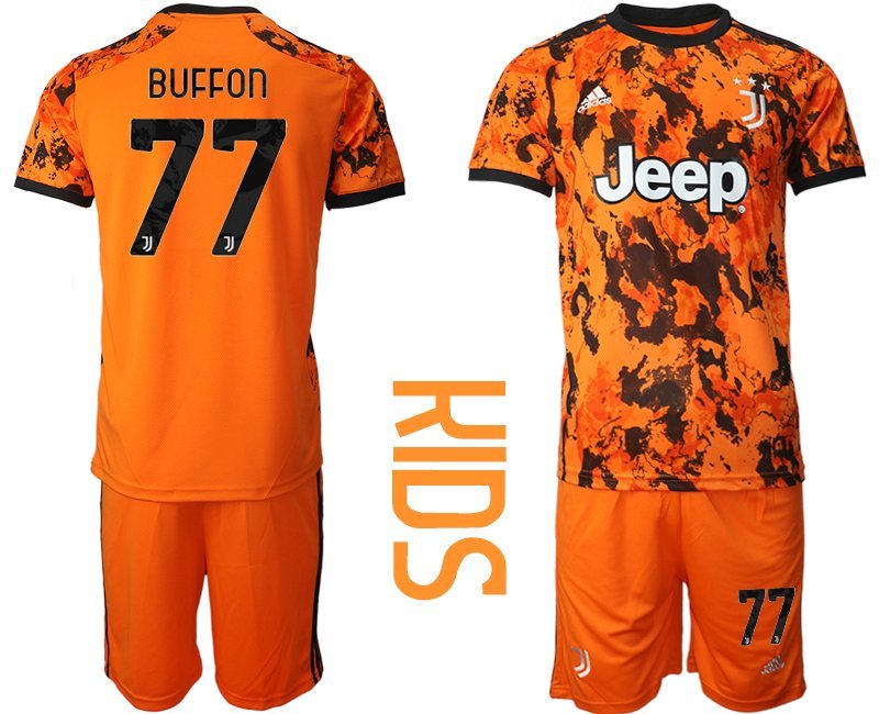 Buffon 77 Kinder Juventus Turin 2020-2021 Ausweichtrikot Orange Schwarz Fussballtrikot