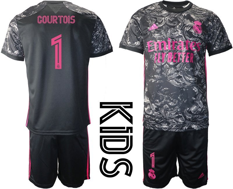 Courtois 1 Real Madrid Ausweichtrikot 2020-2021 Schwarz Pink Kinder Trikotsatz