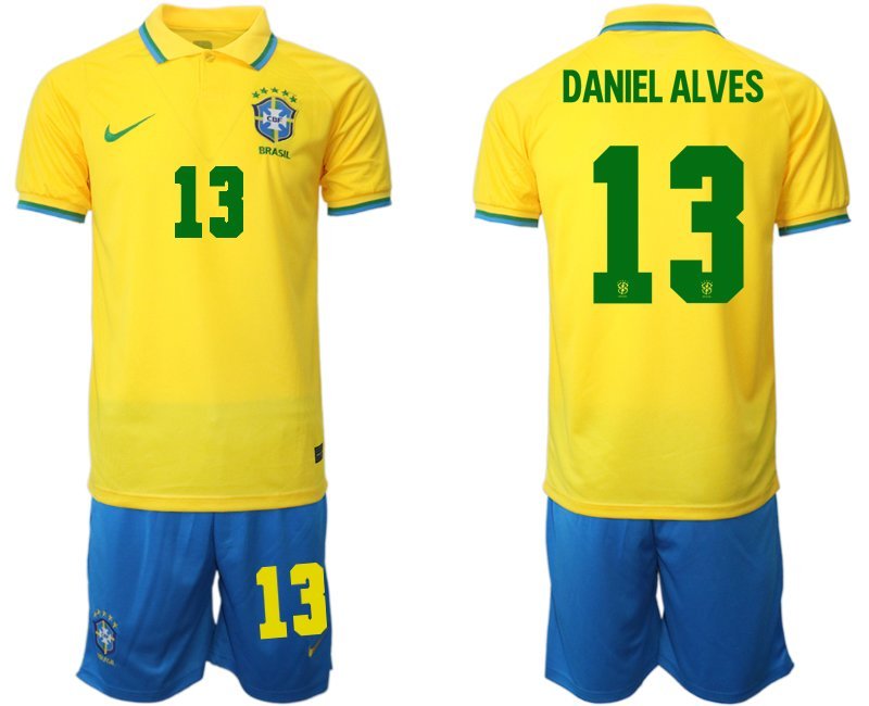 Daniel Alves 13 Brasilien Heimtrikot für die WM 2022 Gelb Trikotsatz Kurzarm + Kurze Hosen Blau